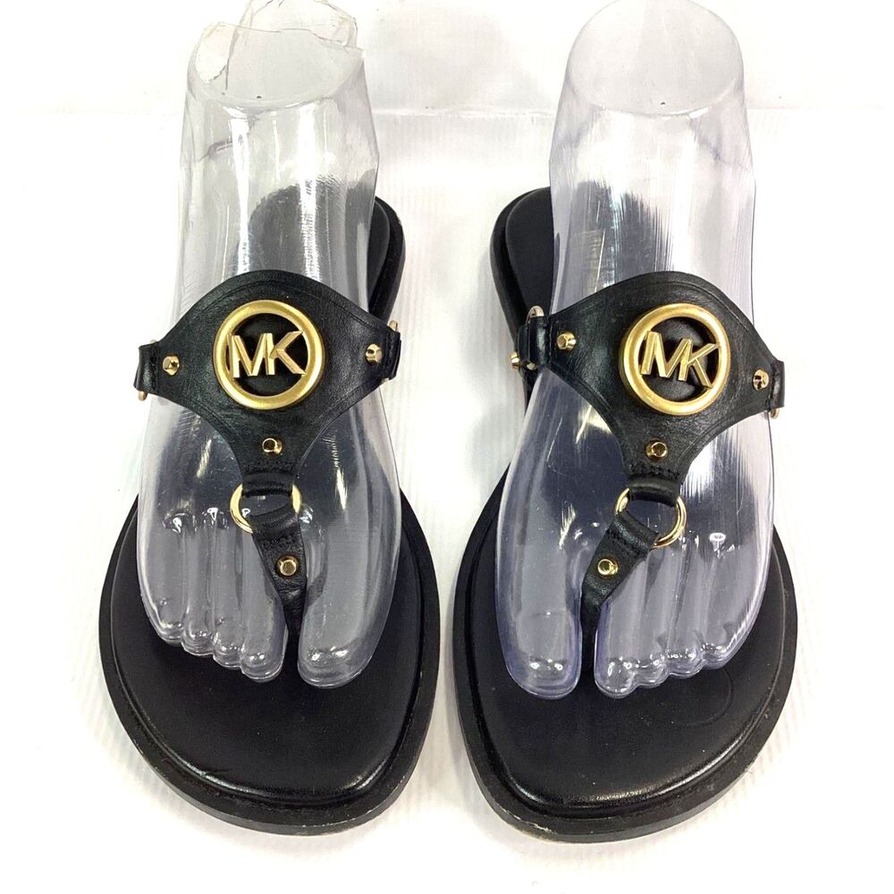 Michael Kors Conway Black Leather MK Logo Medallion Thong Sandals Size 6.5